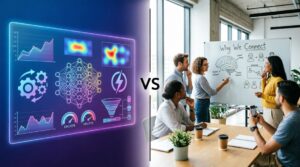 AI vs Human Marketing What Works Better - Side-by-side comparison showing AI automation with data analytics dashboard versus human creative marketing team collaboration and brainstorming