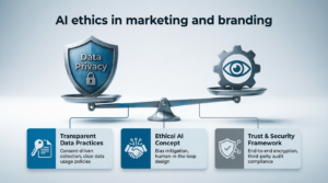 Future of AI in Branding and Advertising - AI ethics balance scale showing data privacy protection, transparent data practices, ethical AI concept, and trust security framework for responsible marketing