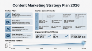 Content Marketing Strategy Plan 2026 showing blog articles 48 posts per year short videos social media posts email newsletters YouTube content calendar with engagement metrics 6m 24s average view duration 8.7% CTR 142K subscribers gained