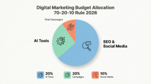 Digital Marketing Budget Allocation 70-20-10 Rule 2026 pie chart showing SEO and Social Media proven channels AI tools emerging trends and viral campaigns innovation budget distribution