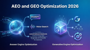 AEO and GEO Optimization 2026 showing Answer Engine Optimization and Generative Engine Optimization with ChatGPT voice search conversational keywords natural language processing AI chatbots Google Gemini