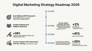 Digital Marketing Strategy Roadmap 2026 timeline showing Q1 goal setting KPI framework Q2 audience research platform selection Q3 content creation SEO optimization +28% +41% organic traffic growth Q4 paid ads AI automation +35% ROAS uplift
