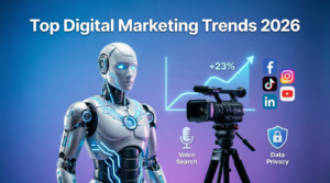Top Digital Marketing Trends 2026 featuring AI robot, video marketing, SEO analytics, social media platforms, voice search and data privacy strategies