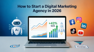How to start a digital marketing agency in 2026 showing AI automation tools, laptop with analytics dashboard displaying 42% QoQ growth, social media platforms (Facebook, Instagram, LinkedIn, TikTok, YouTube), rocket launch symbol, and ROI-driven campaign strategies