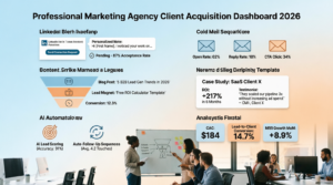 How marketing agencies get clients consistently in 2026 showing LinkedIn outreach dashboard, personalized cold email sequences, content marketing funnel, case studies with ROI metrics, AI automation tools, and client acquisition analytics