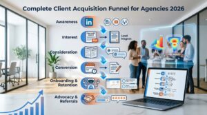 Complete client acquisition funnel for agencies 2026 showing 6 stages: awareness with LinkedIn and content marketing, interest with lead magnets and free audits, consideration with case studies, conversion with discovery calls and proposals, onboarding and retention with AI automation, advocacy and referrals with testimonials and 5-star reviews