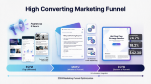High converting marketing funnel showing TOFU MOFU BOFU stages with lead nurturing email automation and conversion optimization in 2026