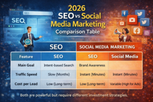 SEO vs Social Media Marketing comparison 2026 showing traffic growth, ROI and engagement differences