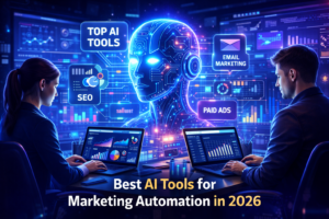 Best AI tools for marketing automation in 2026 showing SEO, email marketing, and paid ads automation with AI technology