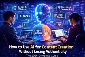 How to use AI for content creation without losing authenticity showing human and AI balance with 60 40 strategy