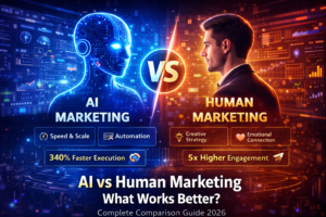 AI vs Human Marketing What Works Better comparison showing AI automation vs human creativity and engagement 2026