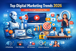 Top Digital Marketing Trends 2026 including AI marketing, video marketing, SEO strategies and influencer marketing