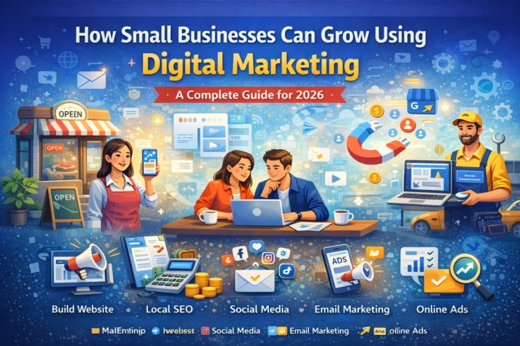 Digital marketing for small businesses with SEO graph, social media icons, email marketing and analytics showing 300% growth