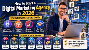 How to start a digital marketing agency in 2026 infographic showing AI tools niche selection pricing strategy and steps to get first clients
