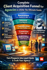 Complete client acquisition funnel for agencies in 2026 showing awareness interest consideration conversion retention and advocacy stages.