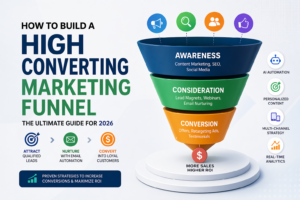 High converting marketing funnel diagram showing awareness, consideration and conversion stages with AI automation strategies in 2026