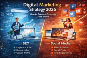 Digital marketing strategy 2026 comparison showing SEO and social media marketing growth and engagement strategy