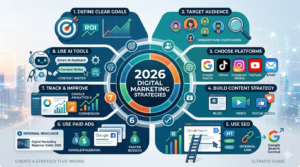 Digital marketing strategy 2026 framework showing SEO, Social Media, AI tools and Paid Ads plan for business growth