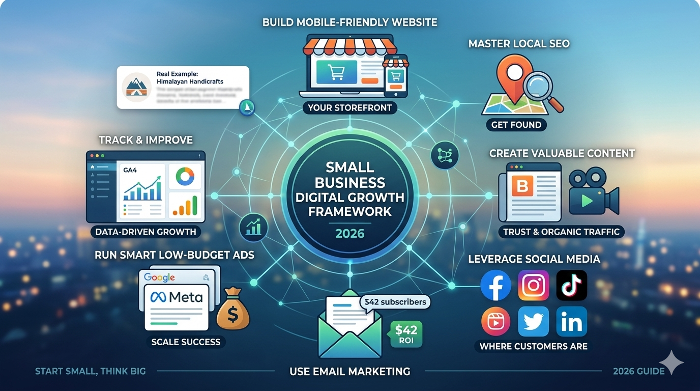 Small business digital growth framework showing digital marketing for small businesses with website, SEO, content, social media, email, and ads