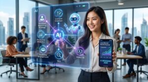How A.I. Is Changing Personal Branding Strategy concept image showing a professional woman interacting with a futuristic AI interface for branding and growth in 2026.