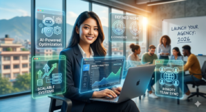 How to start a digital marketing agency in 2026 showing professional woman entrepreneur with AI-powered optimization, defined niche selection (e-commerce, SaaS), scalable systems, agency analytics dashboard, remote team sync, and launch strategy in modern office workspace