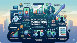 Top Digital Marketing Trends 2026 infographic showing AI marketing, video marketing, SEO trends, and influencer strategy