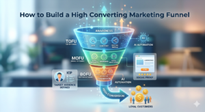 Colorful infographic of high converting marketing funnel showing TOFU awareness, MOFU engagement, and BOFU conversion stages with AI automation, lead magnets, webinars, retargeting, and testimonials leading to loyal customers.