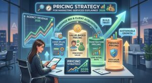 Pricing Strategy for Marketing Services Explained 2026 infographic showing cost‑plus, value‑based, penetration, and premium pricing models with charts and ROI growth indicators in a modern office setting.