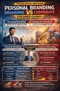 Personal Branding vs Corporate Branding comparison infographic showing key differences, trust, scalability and strategy in 2026