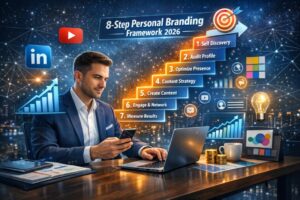 Step by Step Personal Branding Framework for Professionals showing 8 step roadmap with digital marketing growth, social media branding and career success 2026