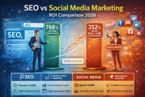 SEO vs Social Media Marketing ROI comparison 2026 showing passive traffic vs real time engagement.