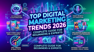 2026 top digital marketing trends infographic featuring AI chatbots, video reels, SEO graphs, voice search icons in futuristic design.